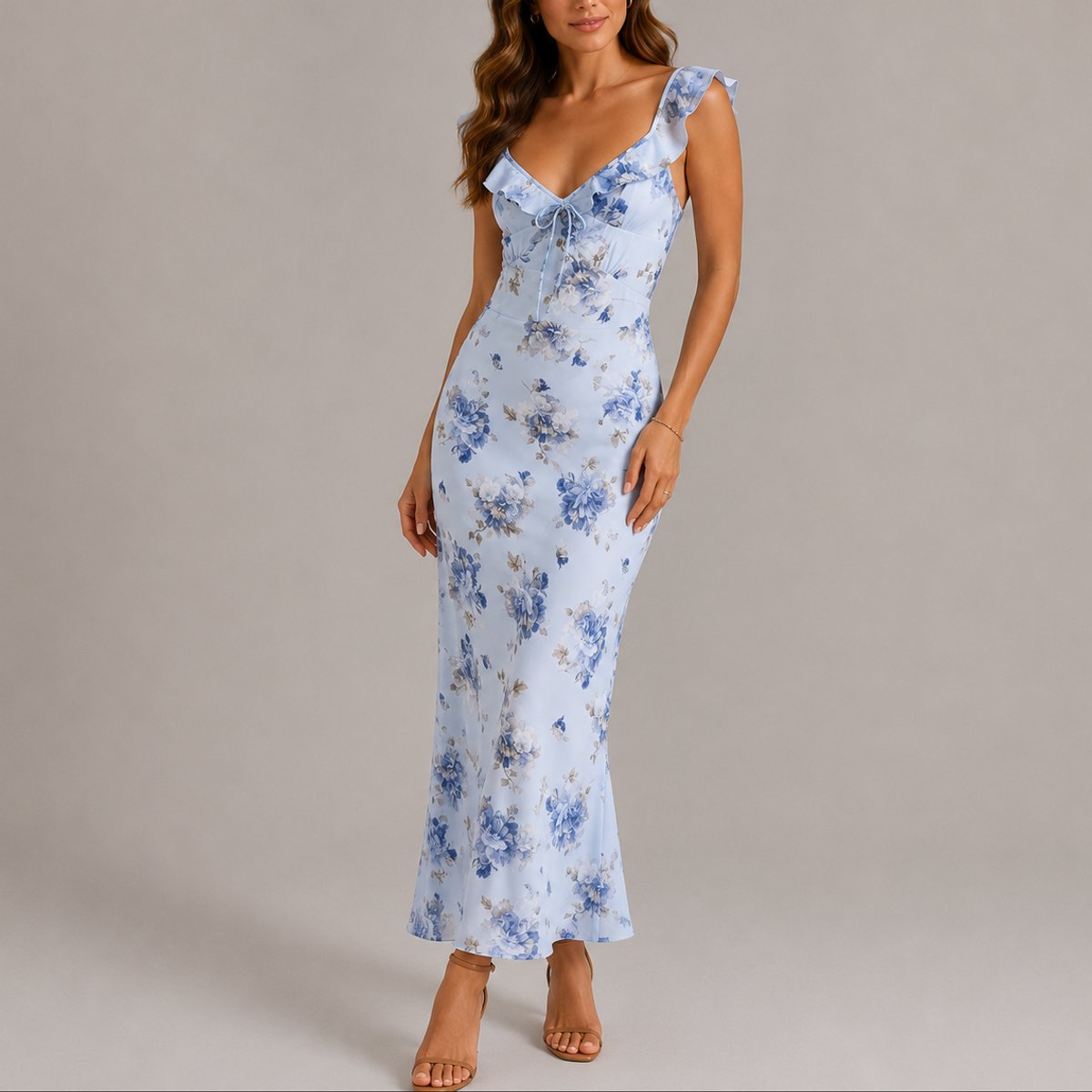 Women's Floral Ruffle-Strap Fitted Maxi Fall Wedding Guest Dress - Blue