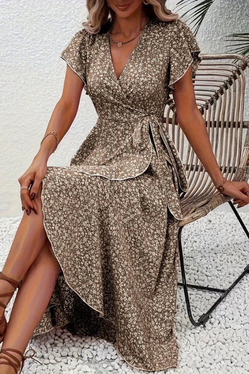 Women's Floral Wrap Midi Evening Gown V-Neck Ruffle Dress - Camel