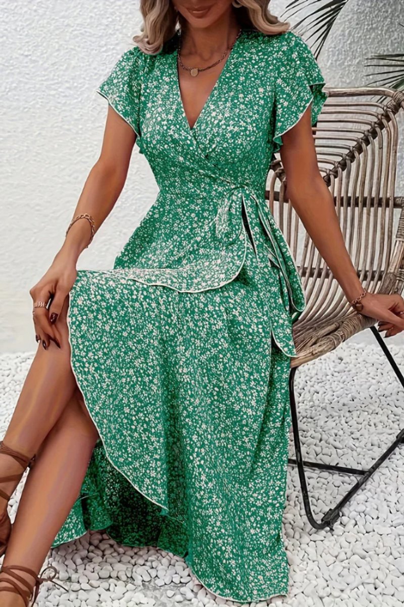 Women's Floral Wrap Midi Evening Gown V-Neck Ruffle Dress - Green