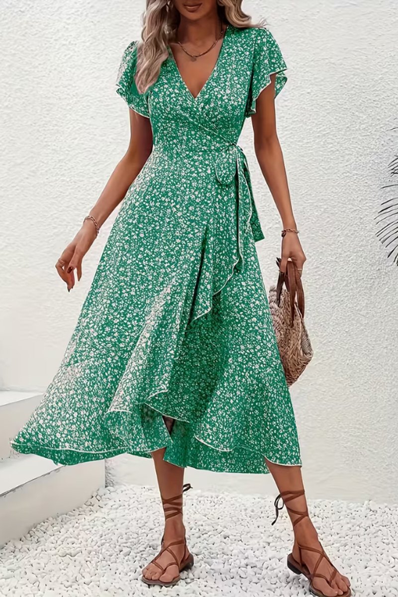 Women's Floral Wrap Midi Evening Gown V-Neck Ruffle Dress