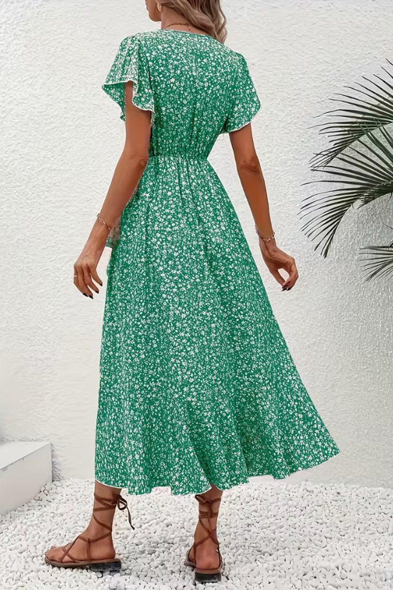 Women's Floral Wrap Midi Evening Gown V-Neck Ruffle Dress