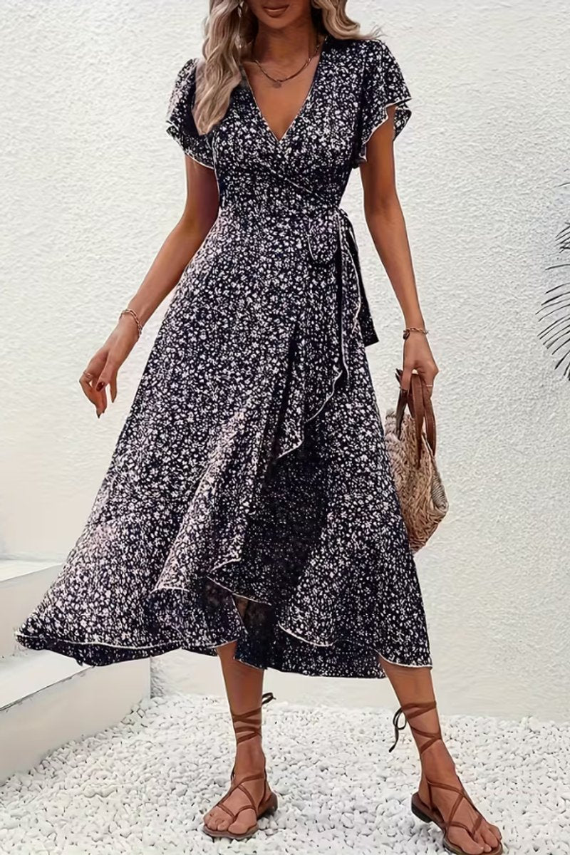 Women's Floral Wrap Midi Evening Gown V-Neck Ruffle Dress