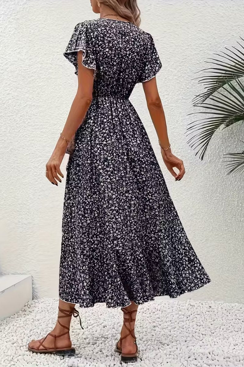 Women's Floral Wrap Midi Evening Gown V-Neck Ruffle Dress