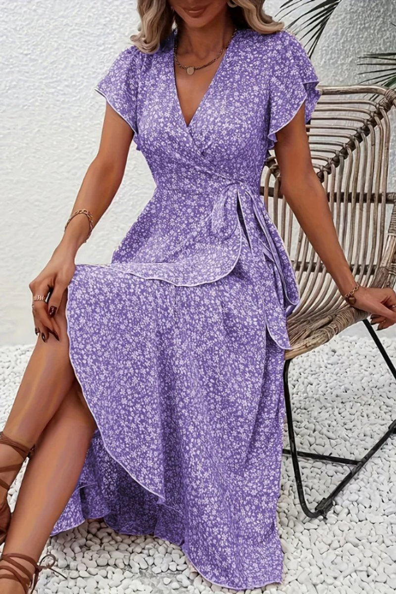 Women's Floral Wrap Midi Evening Gown V-Neck Ruffle Dress - Purple