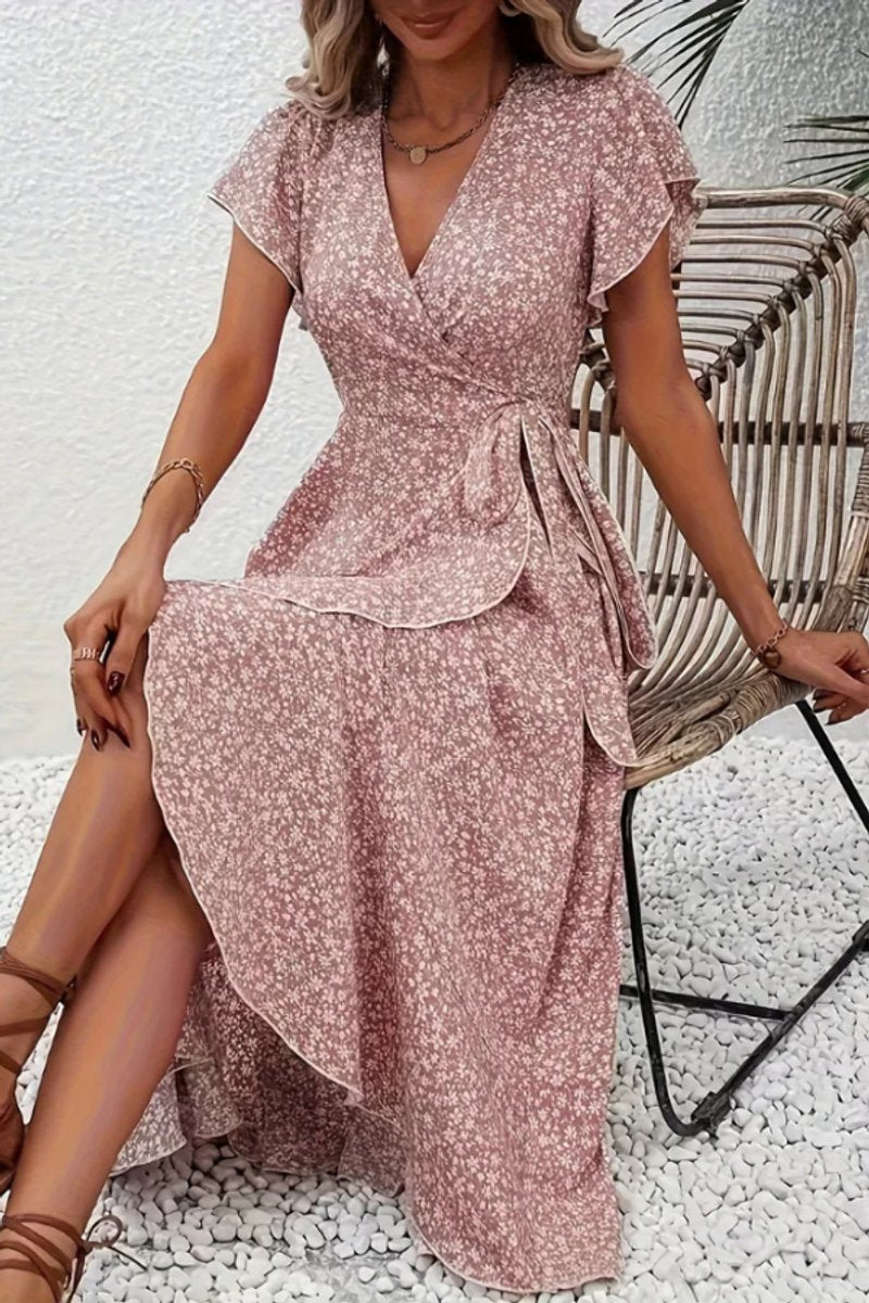Women's Floral Wrap Midi Evening Gown V-Neck Ruffle Dress - Pink