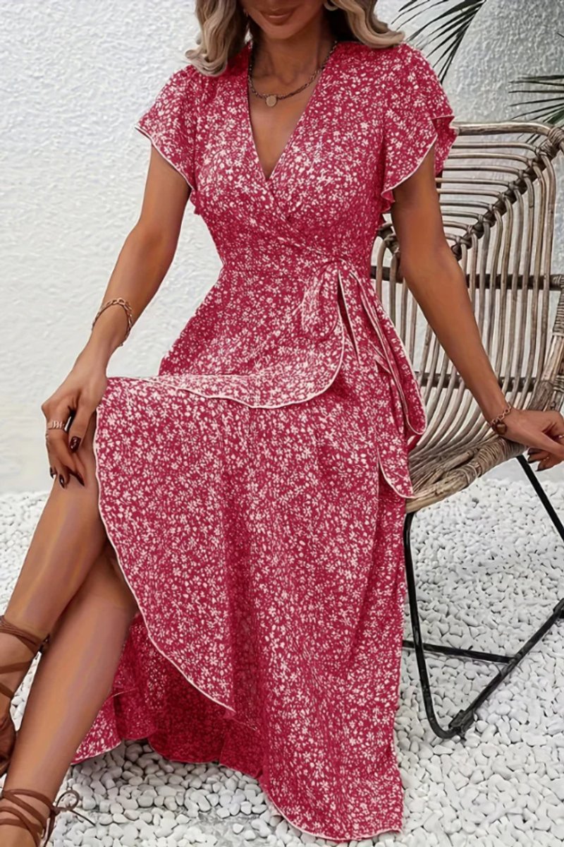 Women's Floral Wrap Midi Evening Gown V-Neck Ruffle Dress - Light Pink