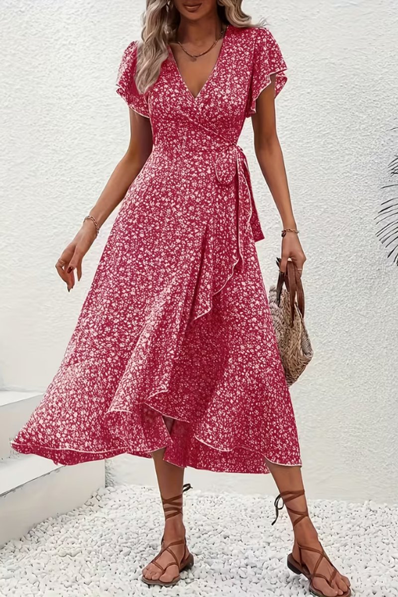 Women's Floral Wrap Midi Evening Gown V-Neck Ruffle Dress