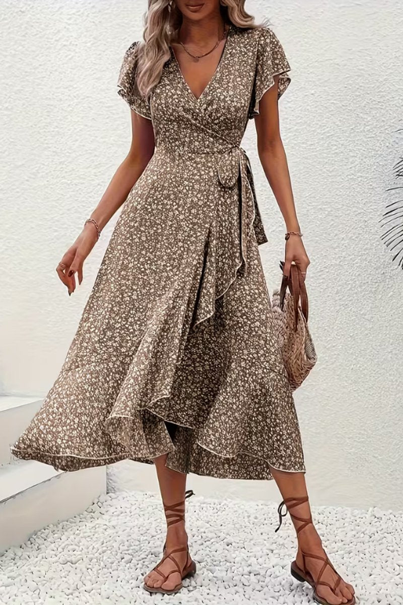 Women's Floral Wrap Midi Evening Gown V-Neck Ruffle Dress