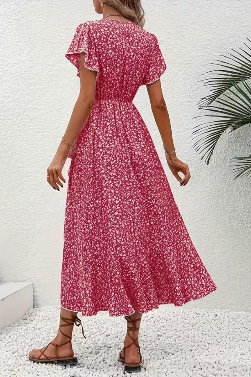 Women's Floral Wrap Midi Evening Gown V-Neck Ruffle Dress