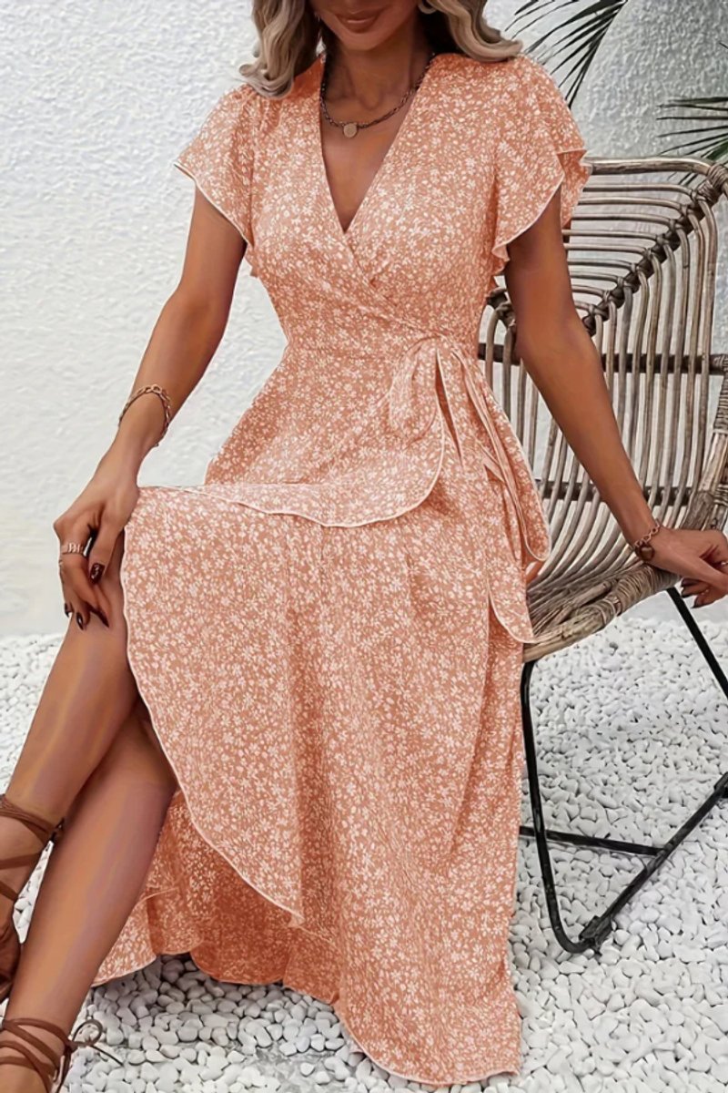 Women's Floral Wrap Midi Evening Gown V-Neck Ruffle Dress - Coral Pink