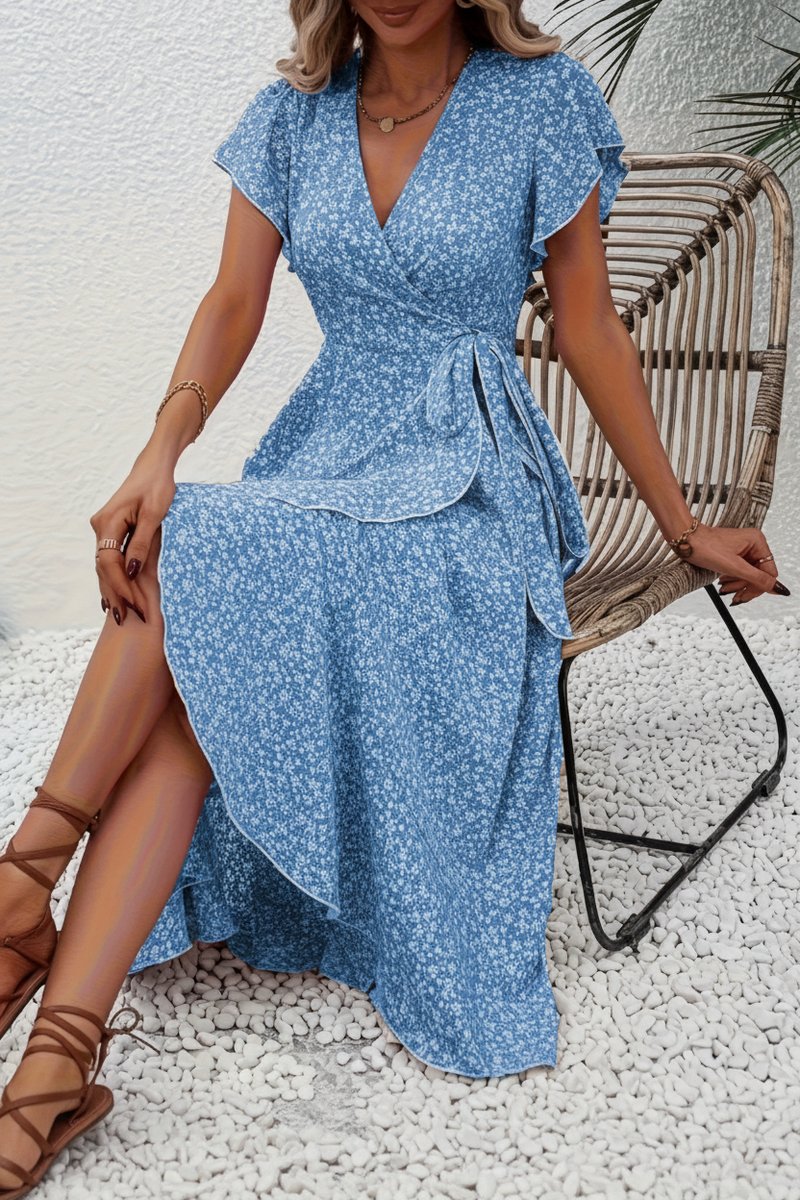 Women's Floral Wrap Midi Evening Gown V-Neck Ruffle Dress - Peacock Blue