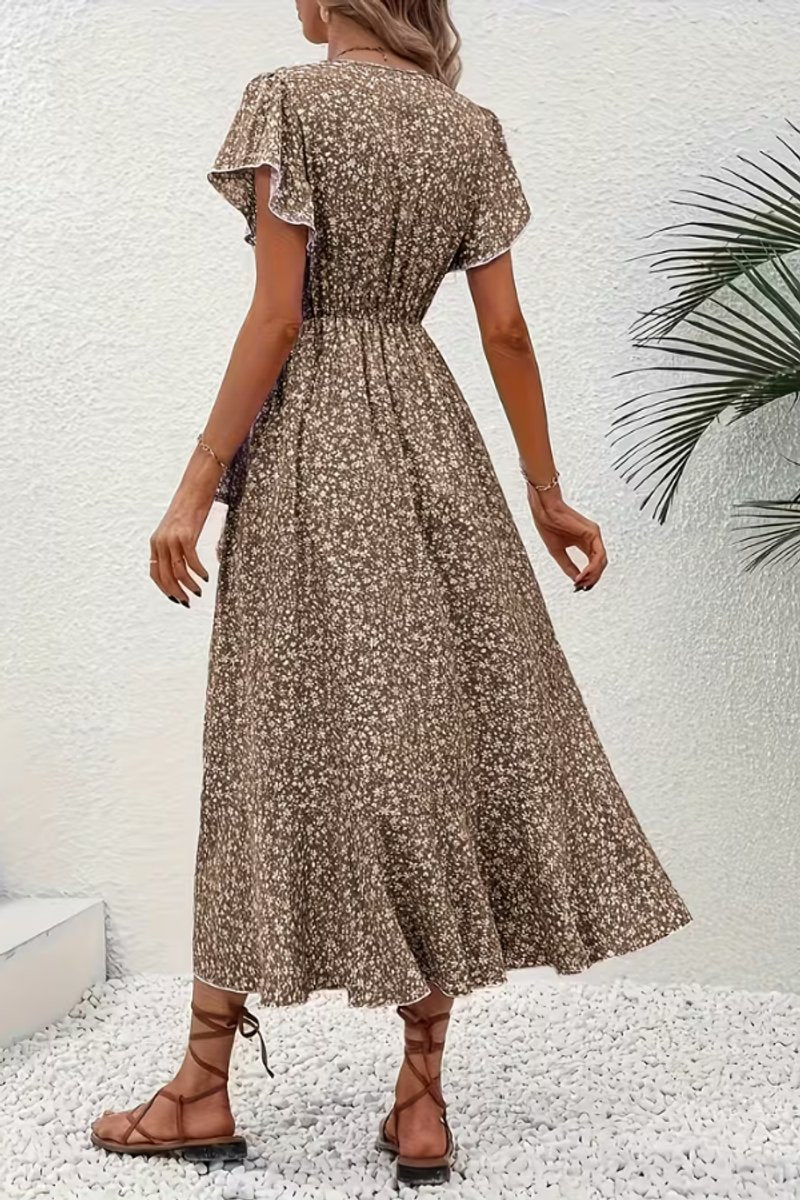 Women's Floral Wrap Midi Evening Gown V-Neck Ruffle Dress