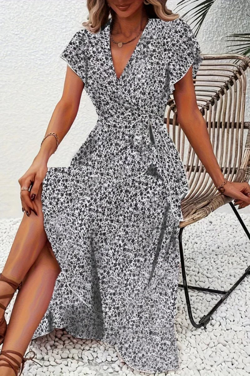 Women's Floral Wrap Midi Evening Gown V-Neck Ruffle Dress - Black And White