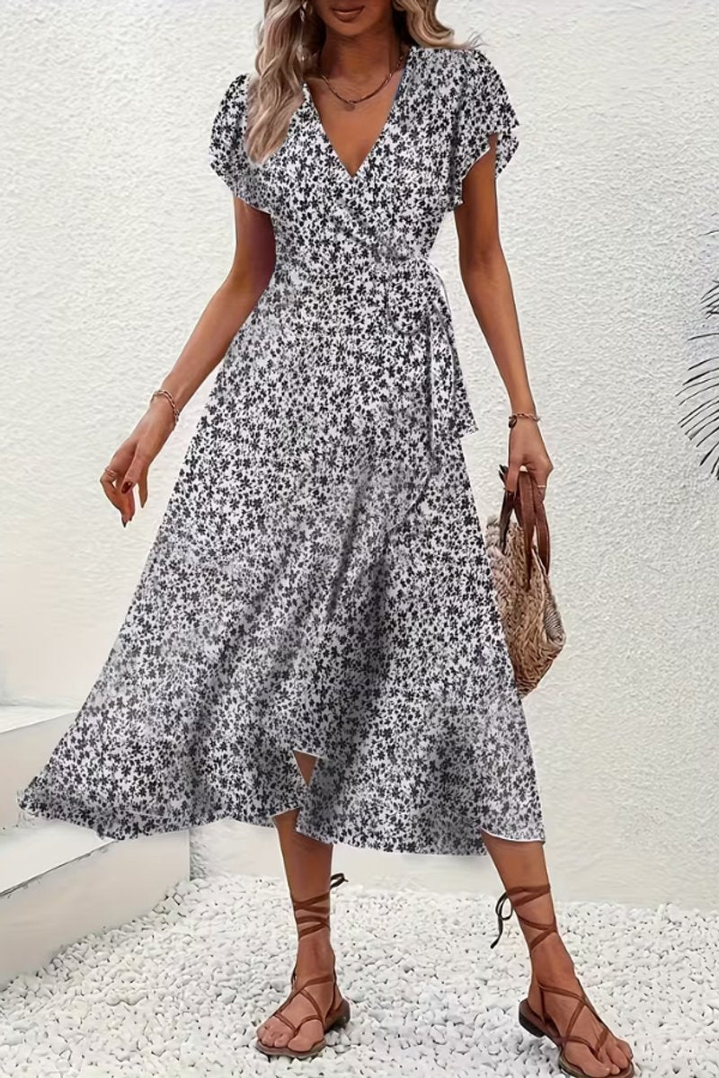 Women's Floral Wrap Midi Evening Gown V-Neck Ruffle Dress
