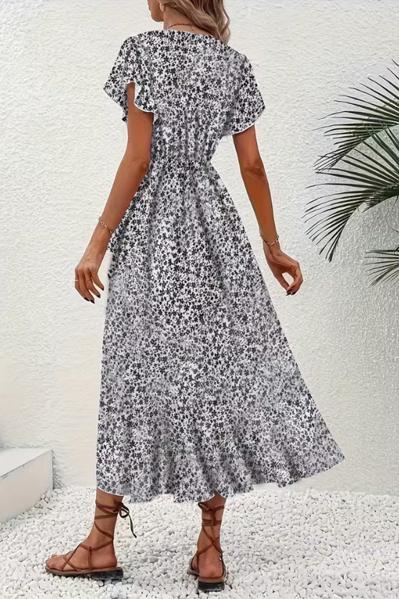 Women's Floral Wrap Midi Evening Gown V-Neck Ruffle Dress