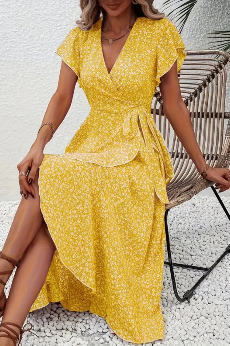 Women's Floral Wrap Midi Evening Gown V-Neck Ruffle Dress - Yellow