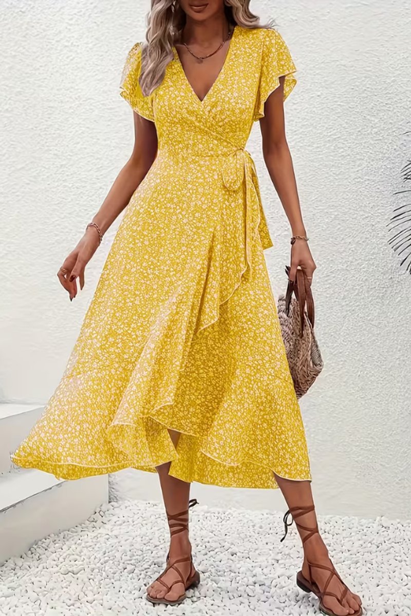 Women's Floral Wrap Midi Evening Gown V-Neck Ruffle Dress