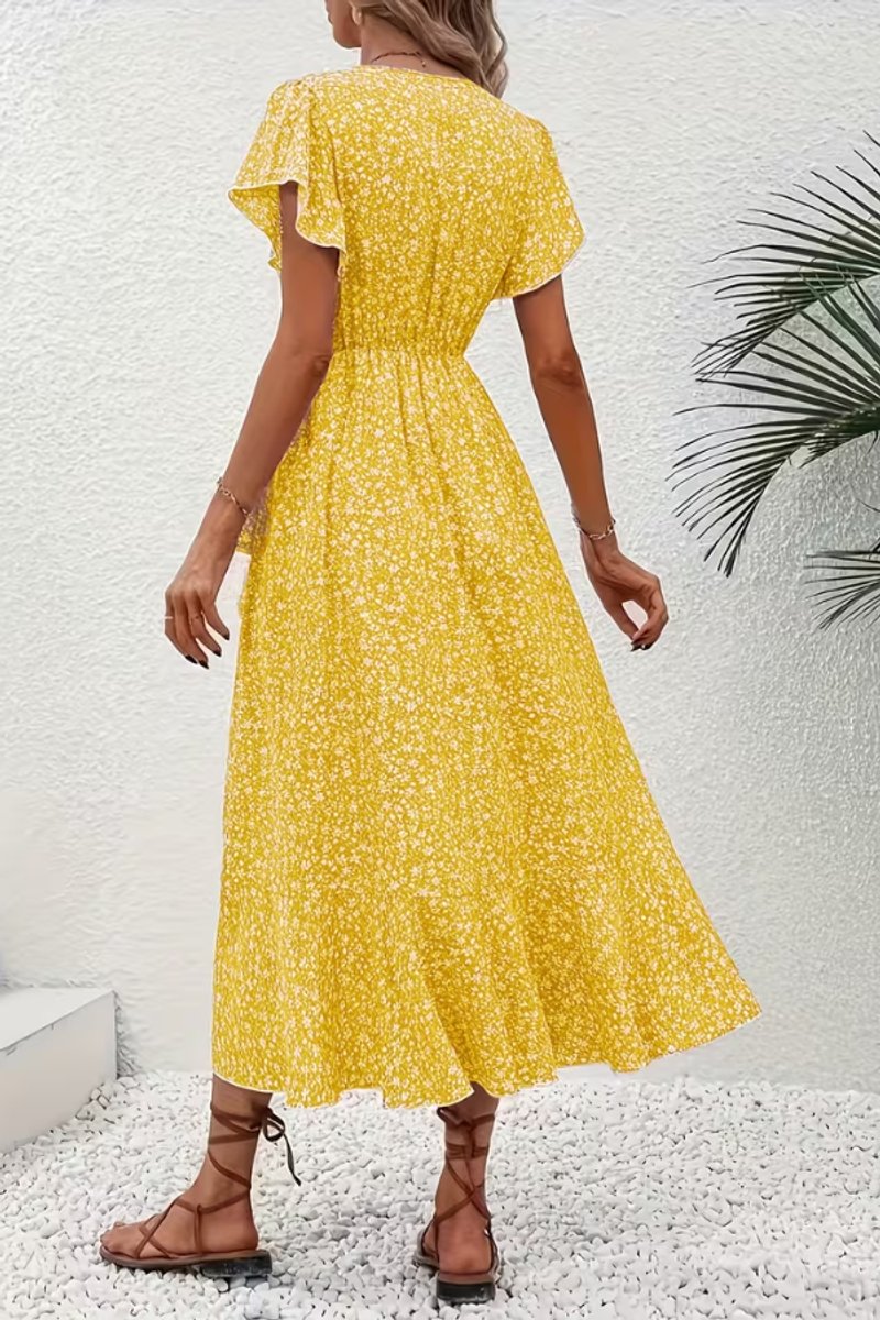 Women's Floral Wrap Midi Evening Gown V-Neck Ruffle Dress