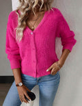 Women's Fluffy V-Neck Button-Front Knit Cardigan - Magenta