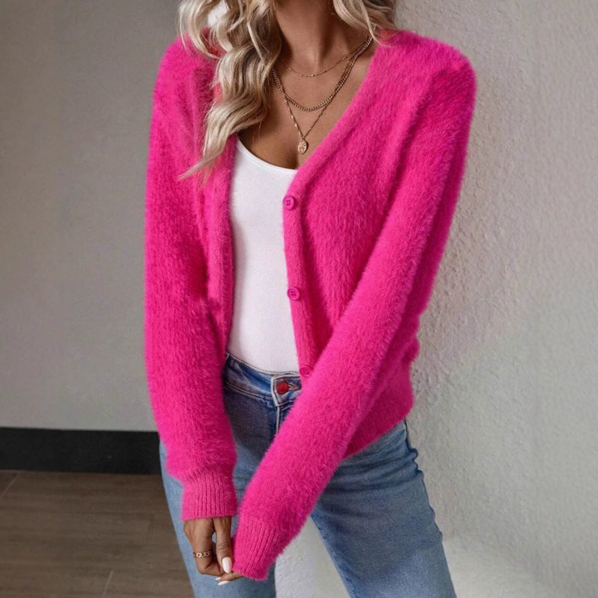 Women's Fluffy V-Neck Button-Front Knit Cardigan