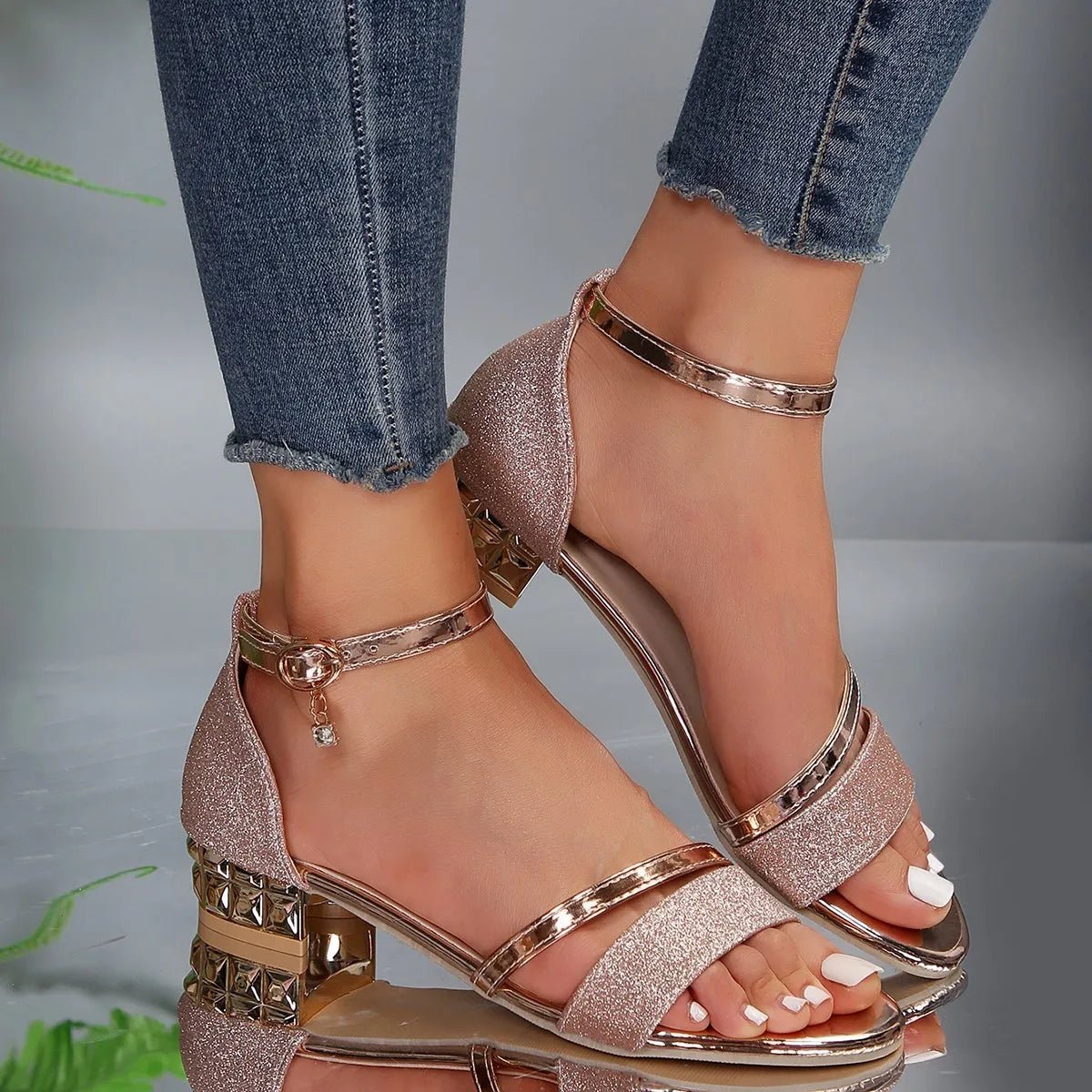 Women's Glitter Block-Heel Ankle-Strap Comfortable Sandals