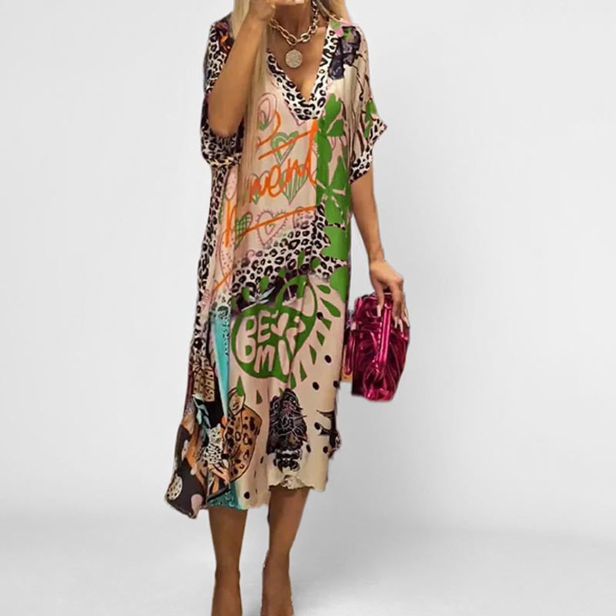 Women's Graphic Print V-Neck Relaxed Swing Tunic Dress