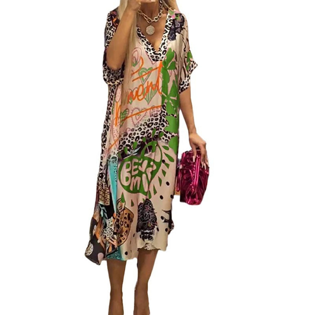 Women's Graphic Print V-Neck Relaxed Swing Tunic Dress