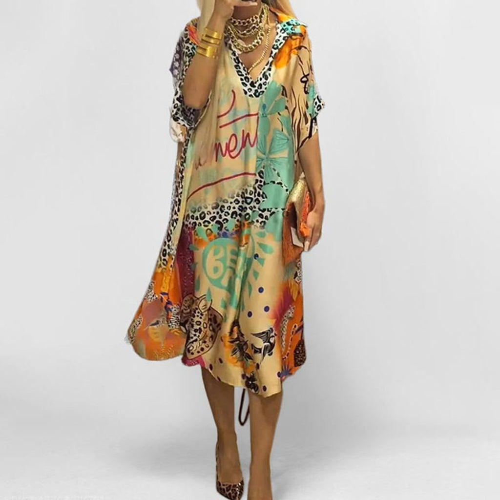 Women's Graphic Print V-Neck Relaxed Swing Tunic Dress - Blue