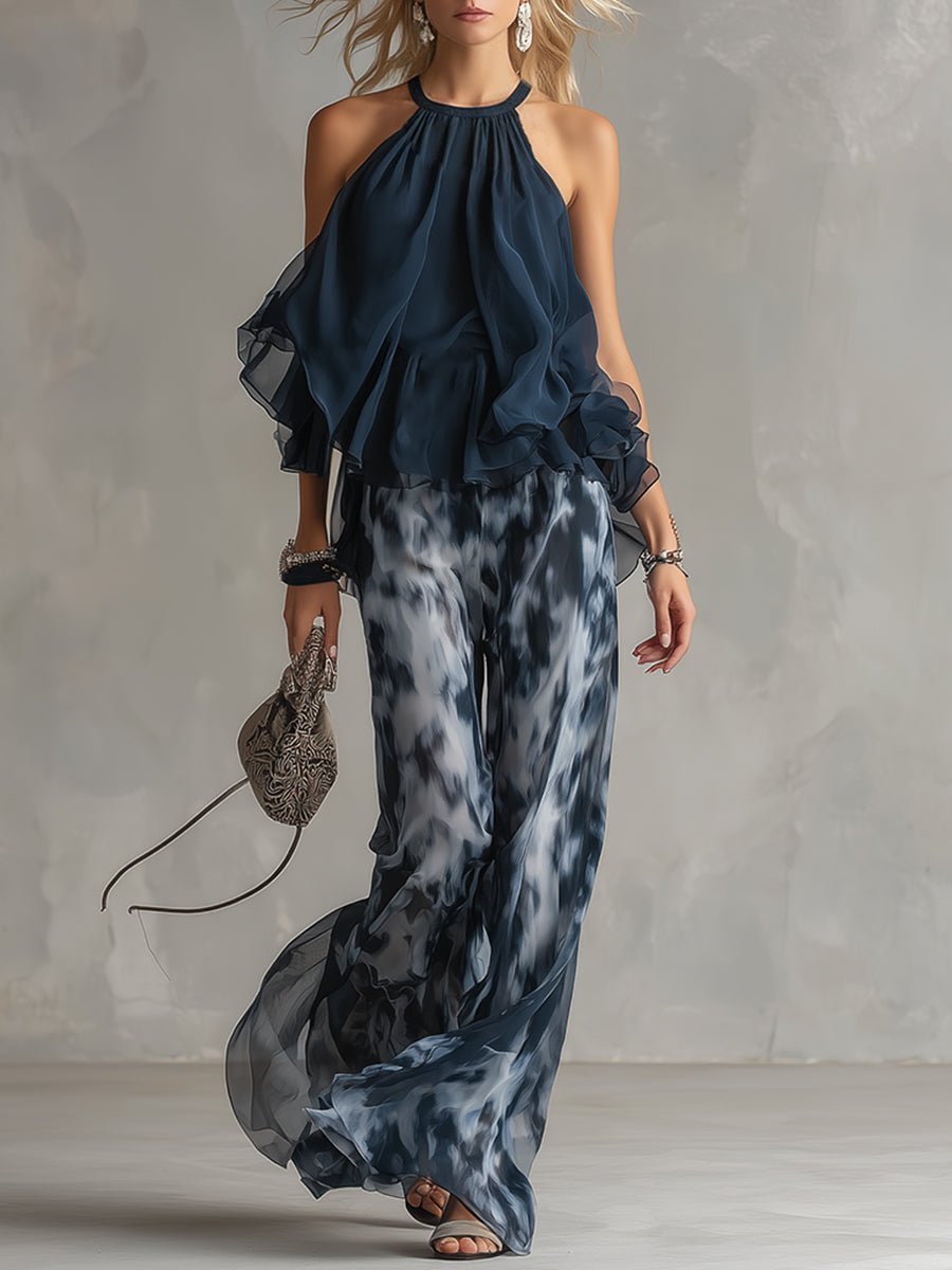 Women's Halter Neck Ruffled Chiffon Blouse Wide-Leg Pants Two-Piece Set - Navy Blue