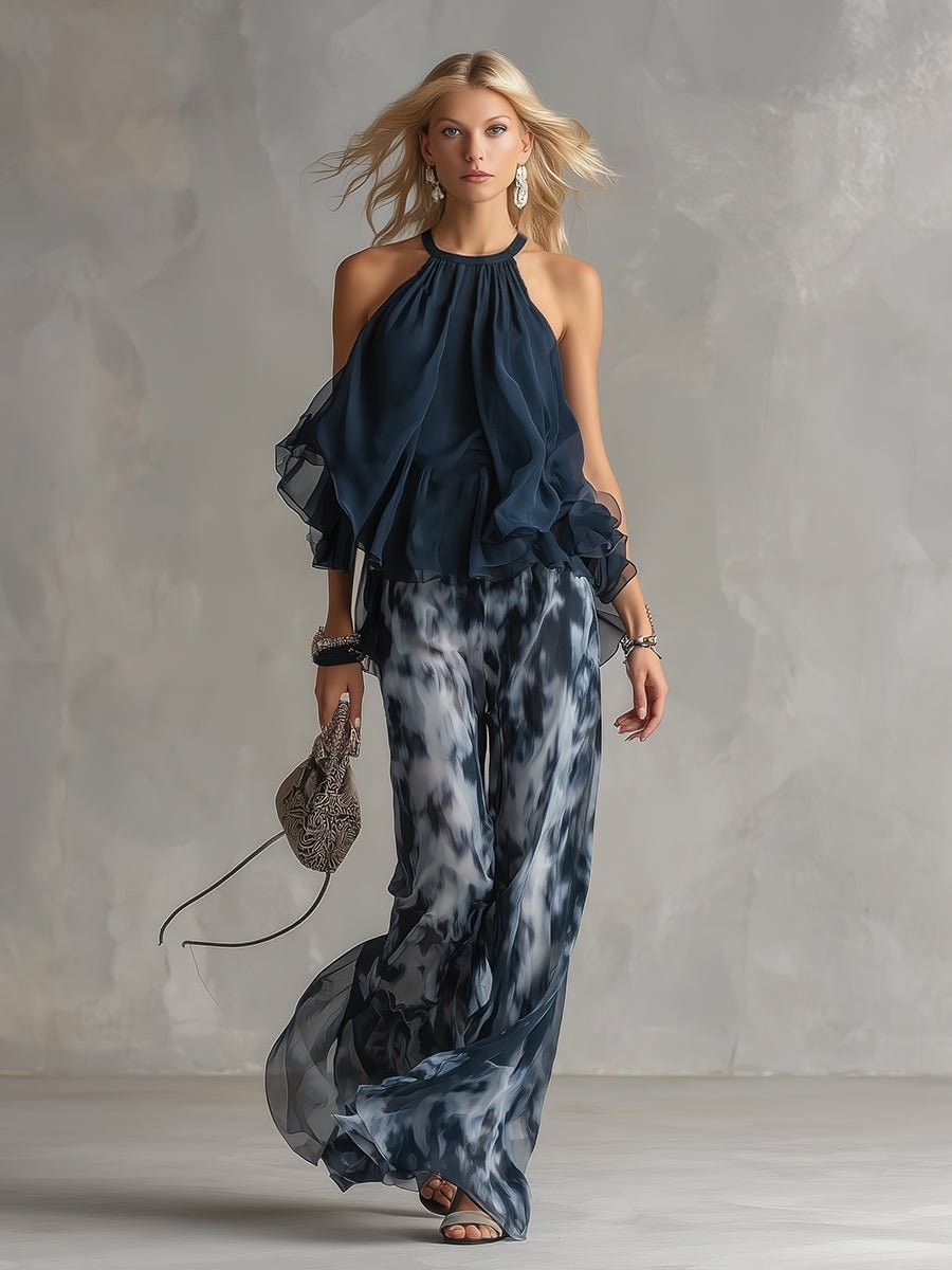 Women's Halter Neck Ruffled Chiffon Blouse Wide-Leg Pants Two-Piece Set
