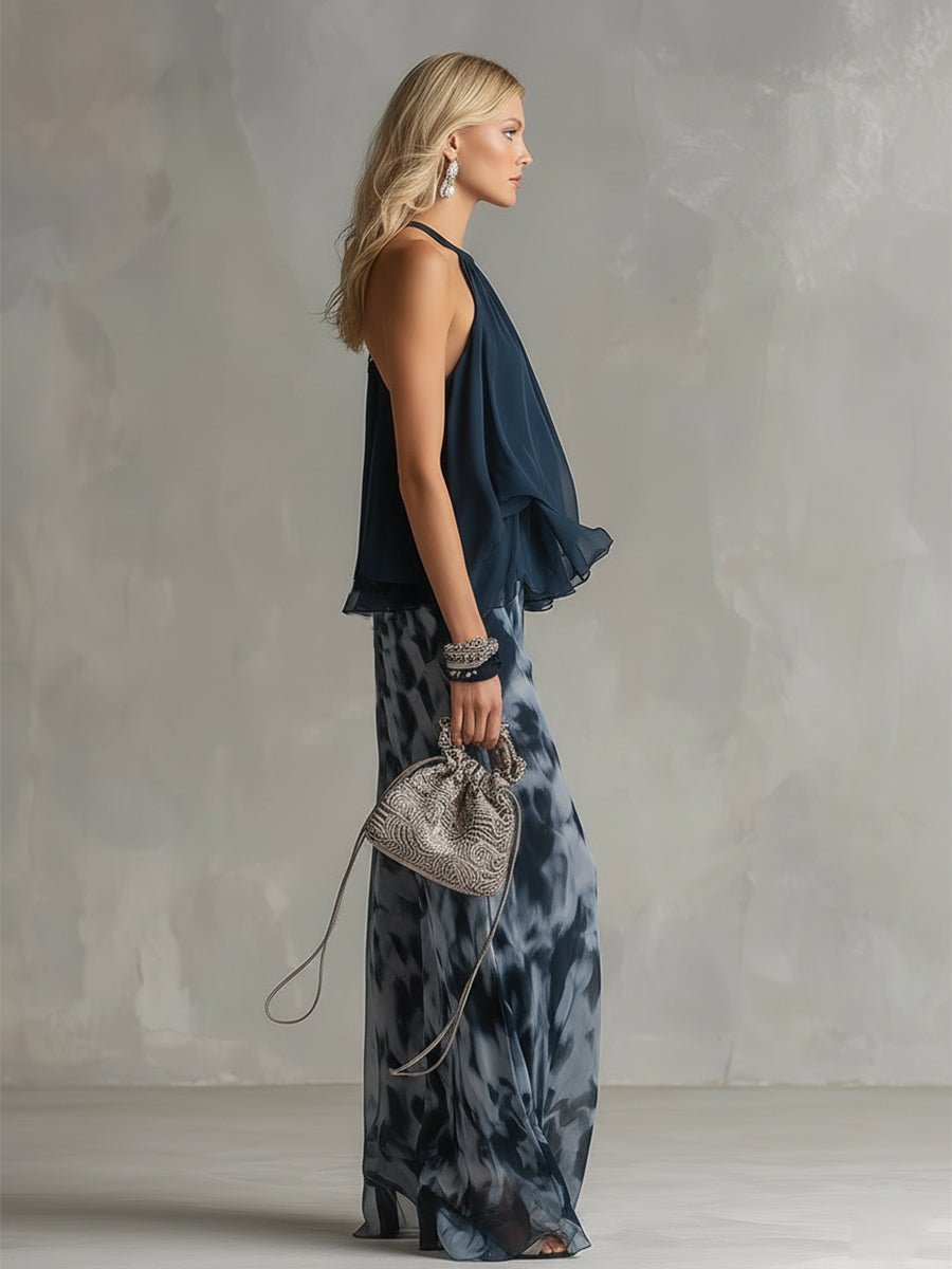 Women's Halter Neck Ruffled Chiffon Blouse Wide-Leg Pants Two-Piece Set