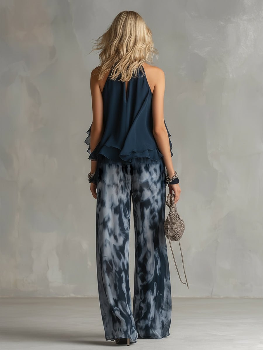 Women's Halter Neck Ruffled Chiffon Blouse Wide-Leg Pants Two-Piece Set
