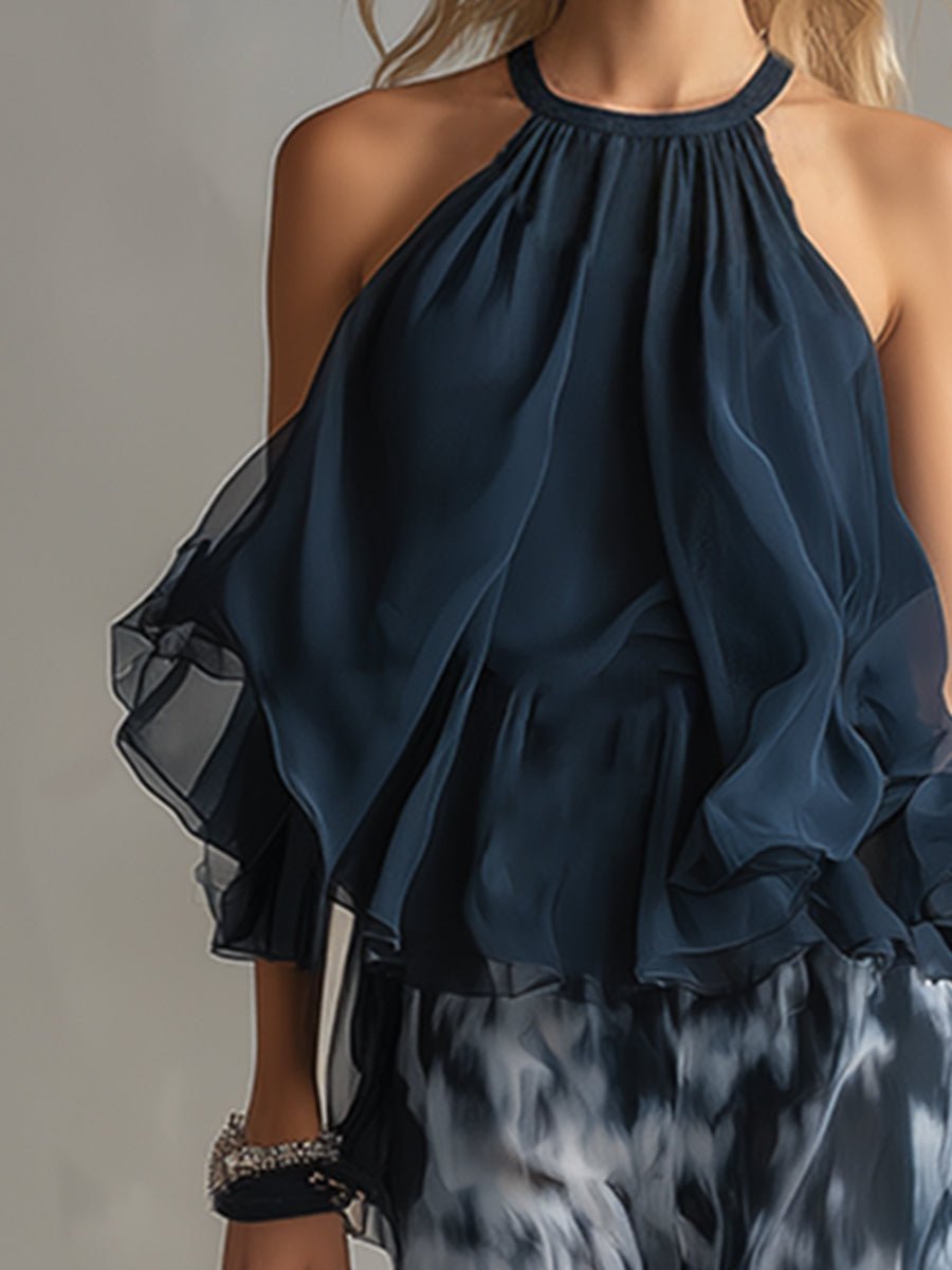 Women's Halter Neck Ruffled Chiffon Blouse Wide-Leg Pants Two-Piece Set