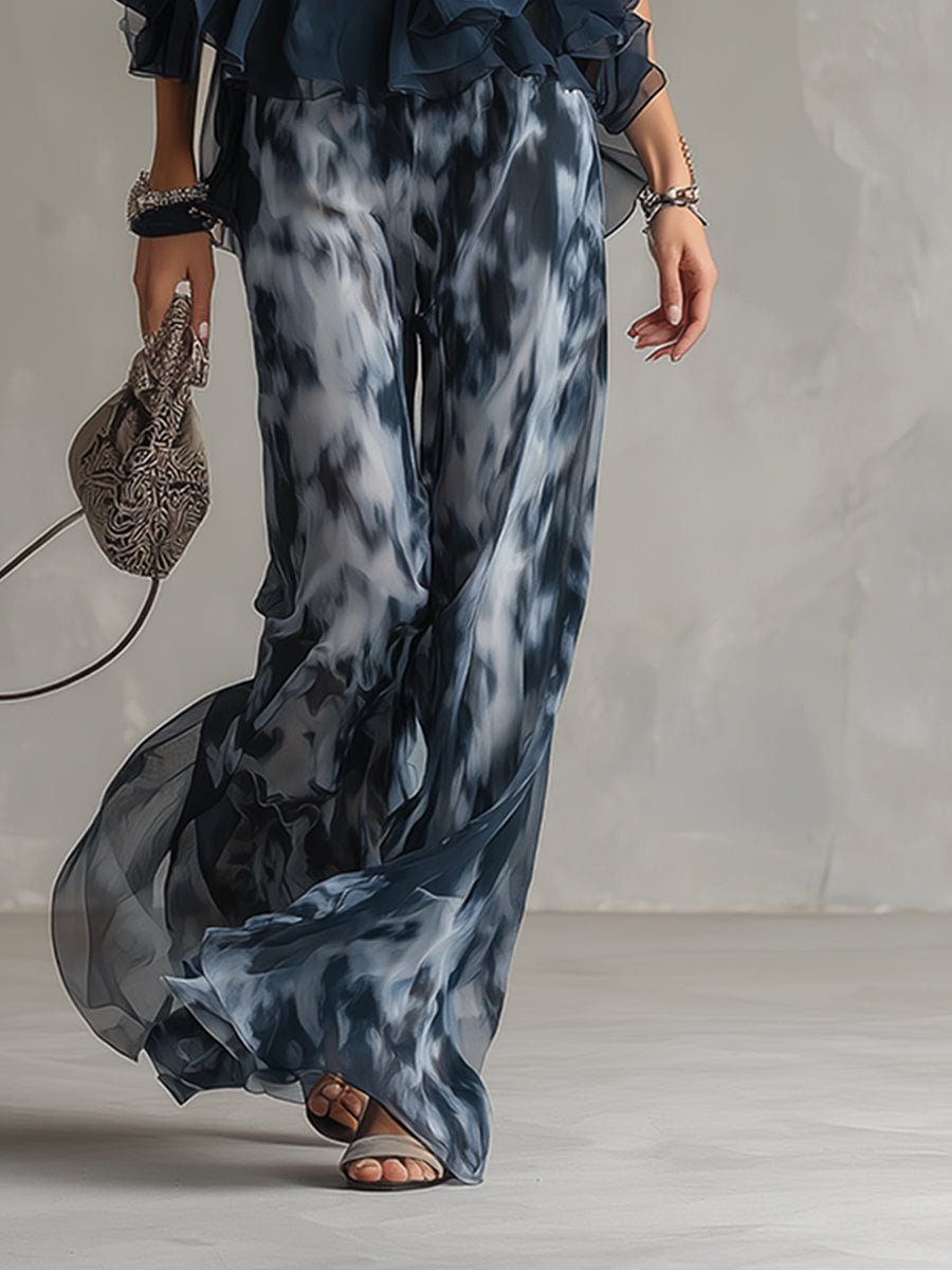 Women's Halter Neck Ruffled Chiffon Blouse Wide-Leg Pants Two-Piece Set