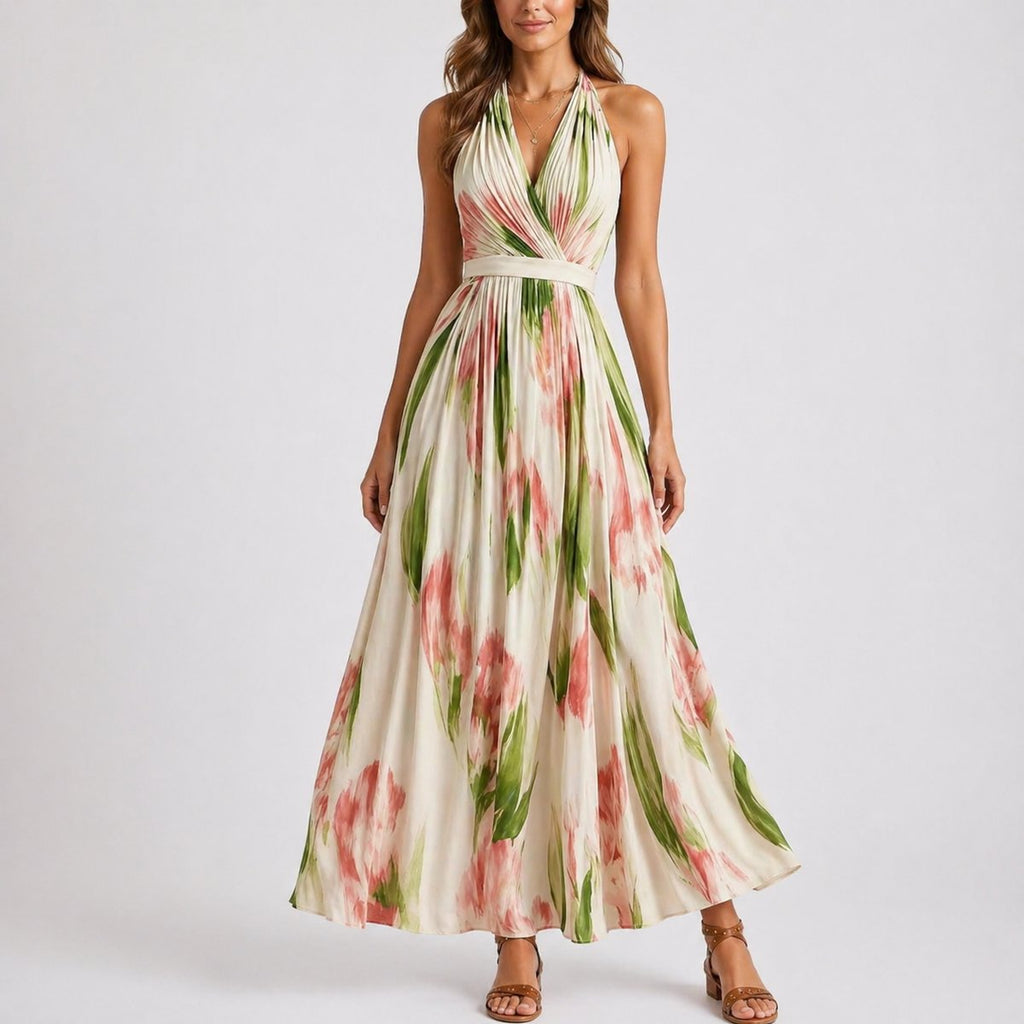 Women's Halter Neck Watercolor Floral Maxi Fall Wedding Guest Dress - Floral