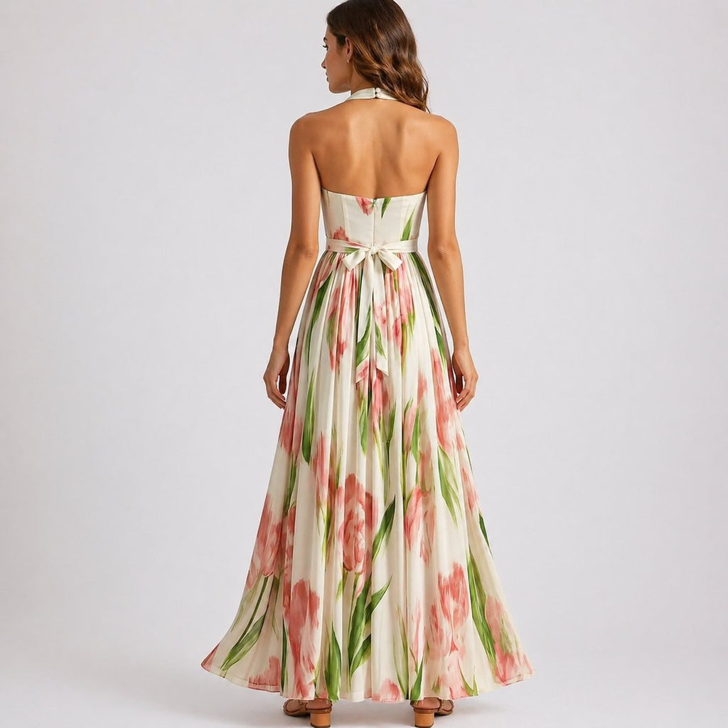 Women's Halter Neck Watercolor Floral Maxi Fall Wedding Guest Dress