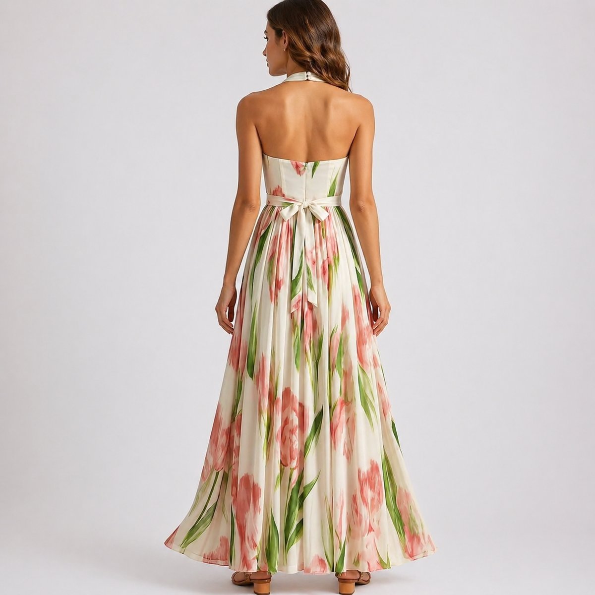 Women's Halter Neck Watercolor Floral Maxi Fall Wedding Guest Dress