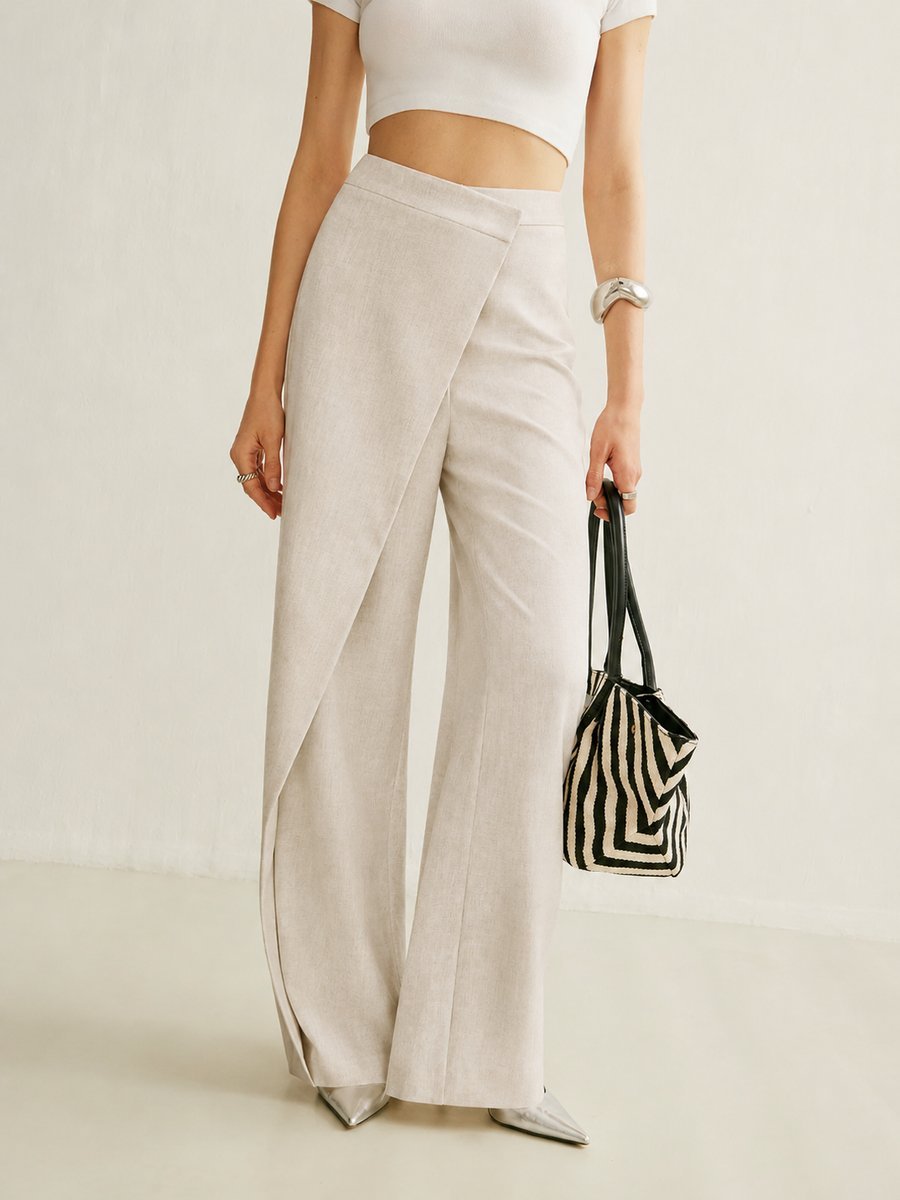 Women's High-Waist Asymmetric Wrap Front Wide Leg Pants - Apricot