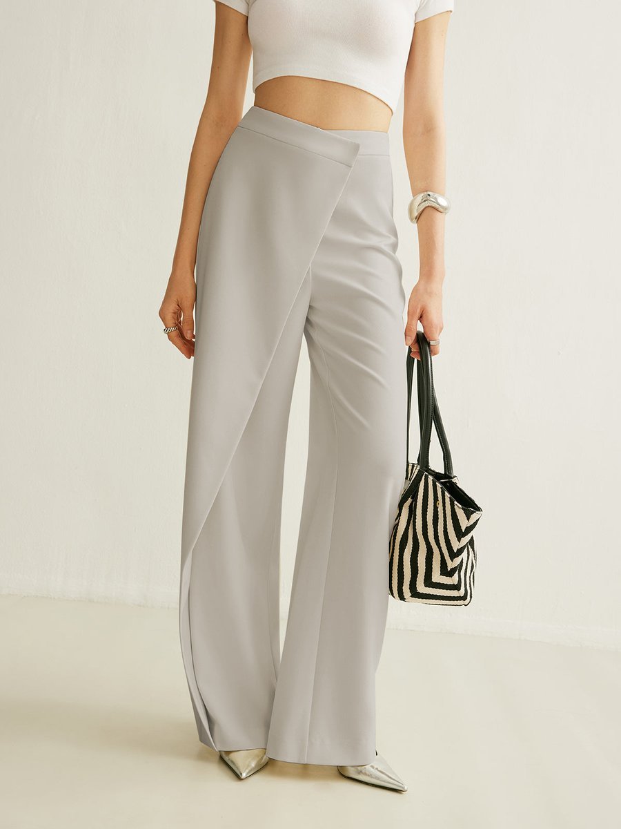 Women's High-Waist Asymmetric Wrap Front Wide Leg Pants - Gray