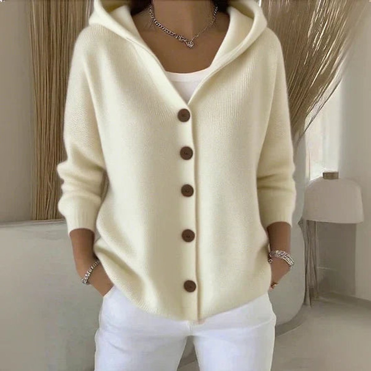 Women's Hooded Button-Front Relaxed-Fit Knit Cardigan - Beige