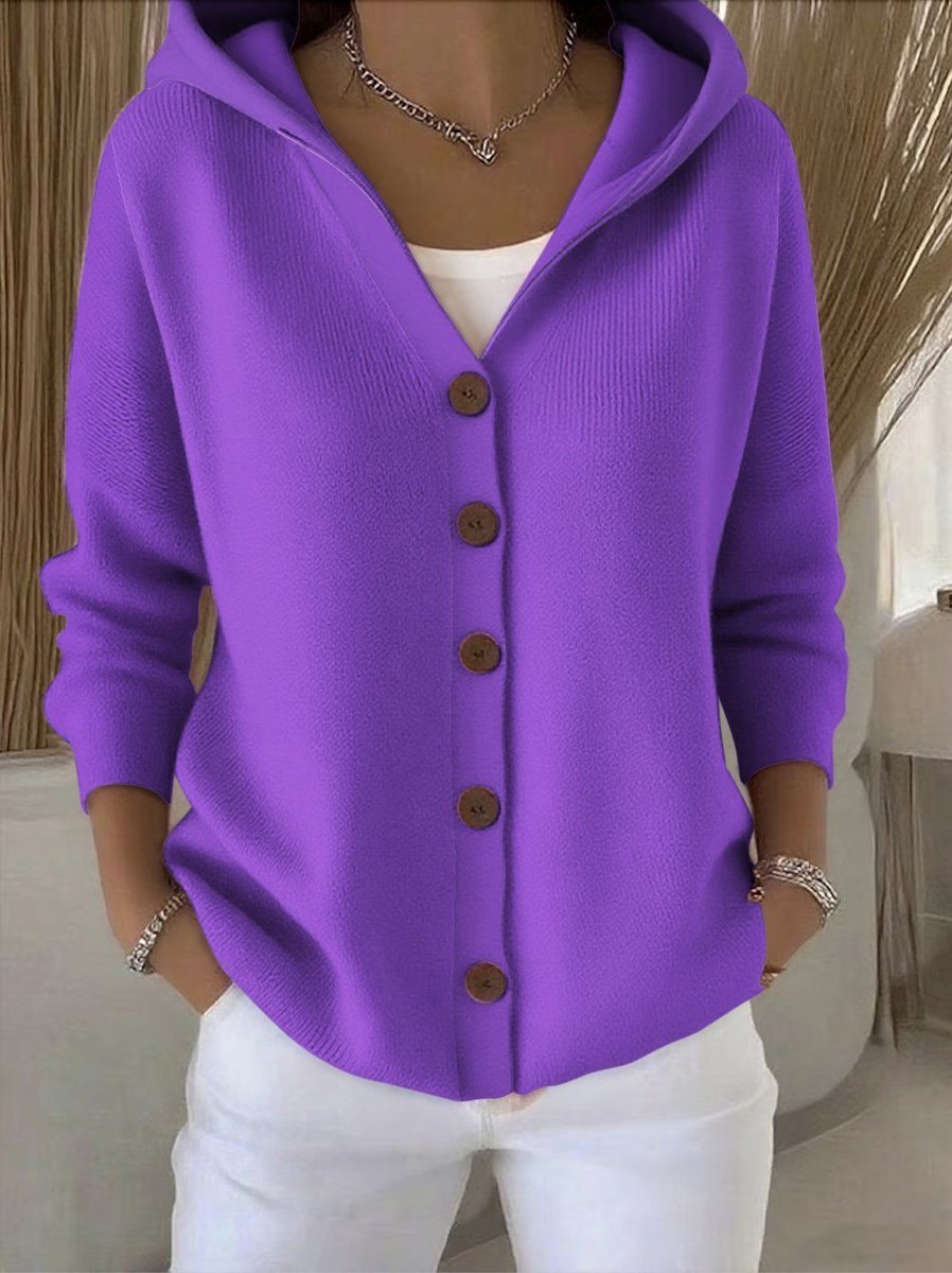 Women's Hooded Button-Front Relaxed-Fit Knit Cardigan - Purple