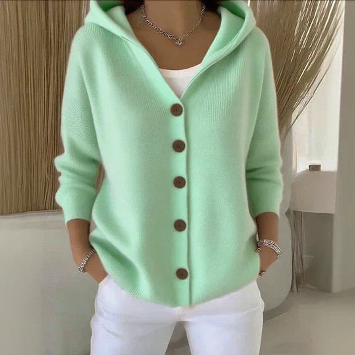 Women's Hooded Button-Front Relaxed-Fit Knit Cardigan - Green