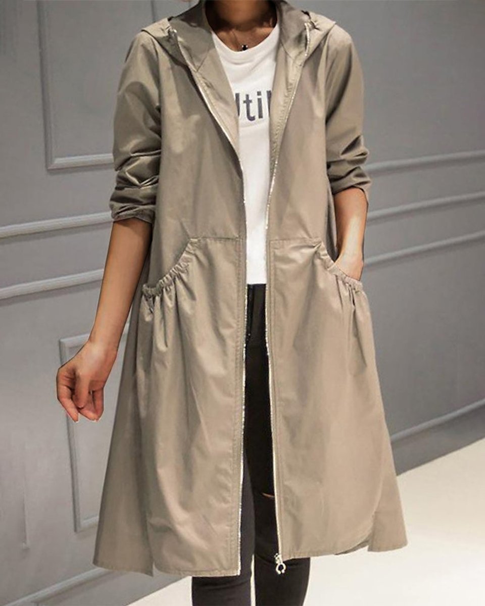 Women's Hooded Waterproof Long Trench Coat Zip-Up - Khaki