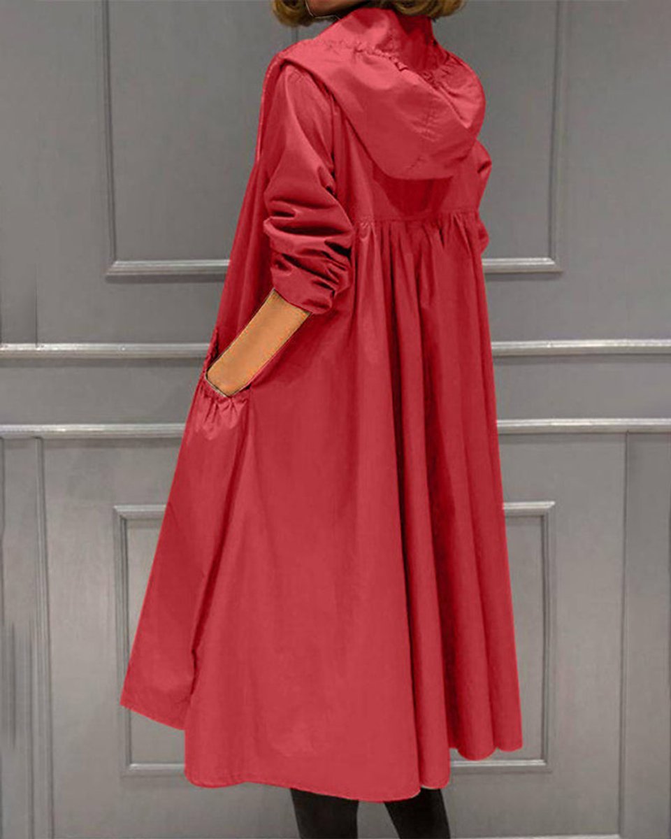 Women's Hooded Waterproof Long Trench Coat Zip-Up - Red