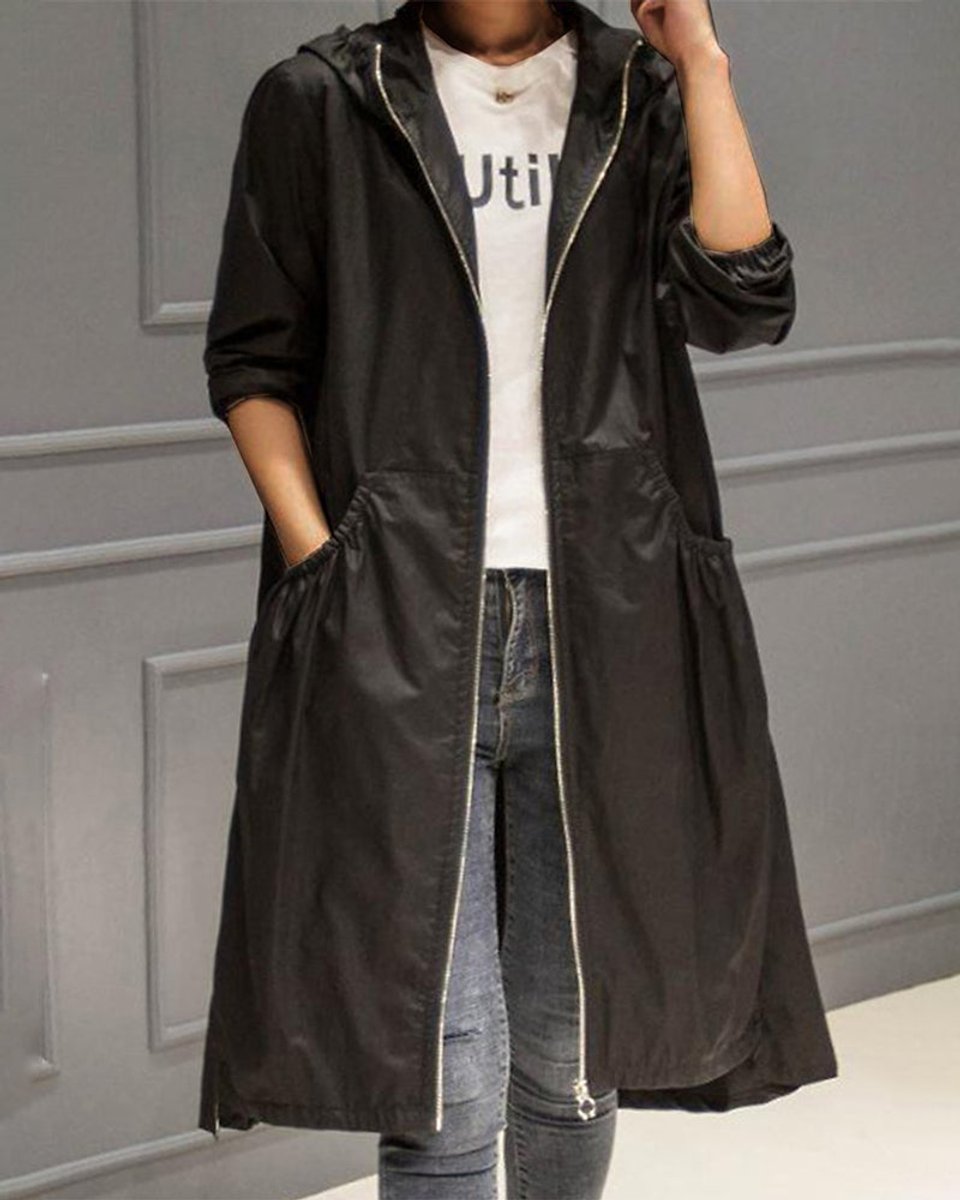 Women's Hooded Waterproof Long Trench Coat Zip-Up - Black