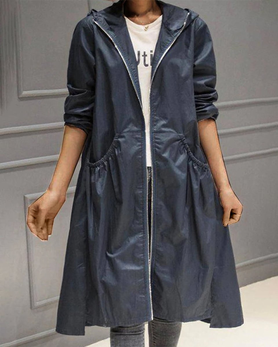 Women's Hooded Waterproof Long Trench Coat Zip-Up - Navy Blue