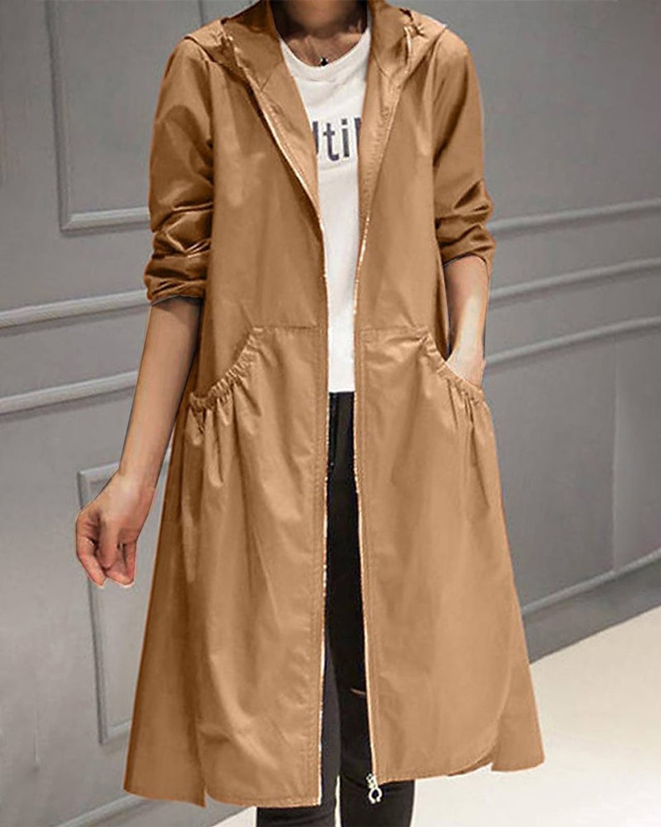 Women's Hooded Waterproof Long Trench Coat Zip-Up - Brown