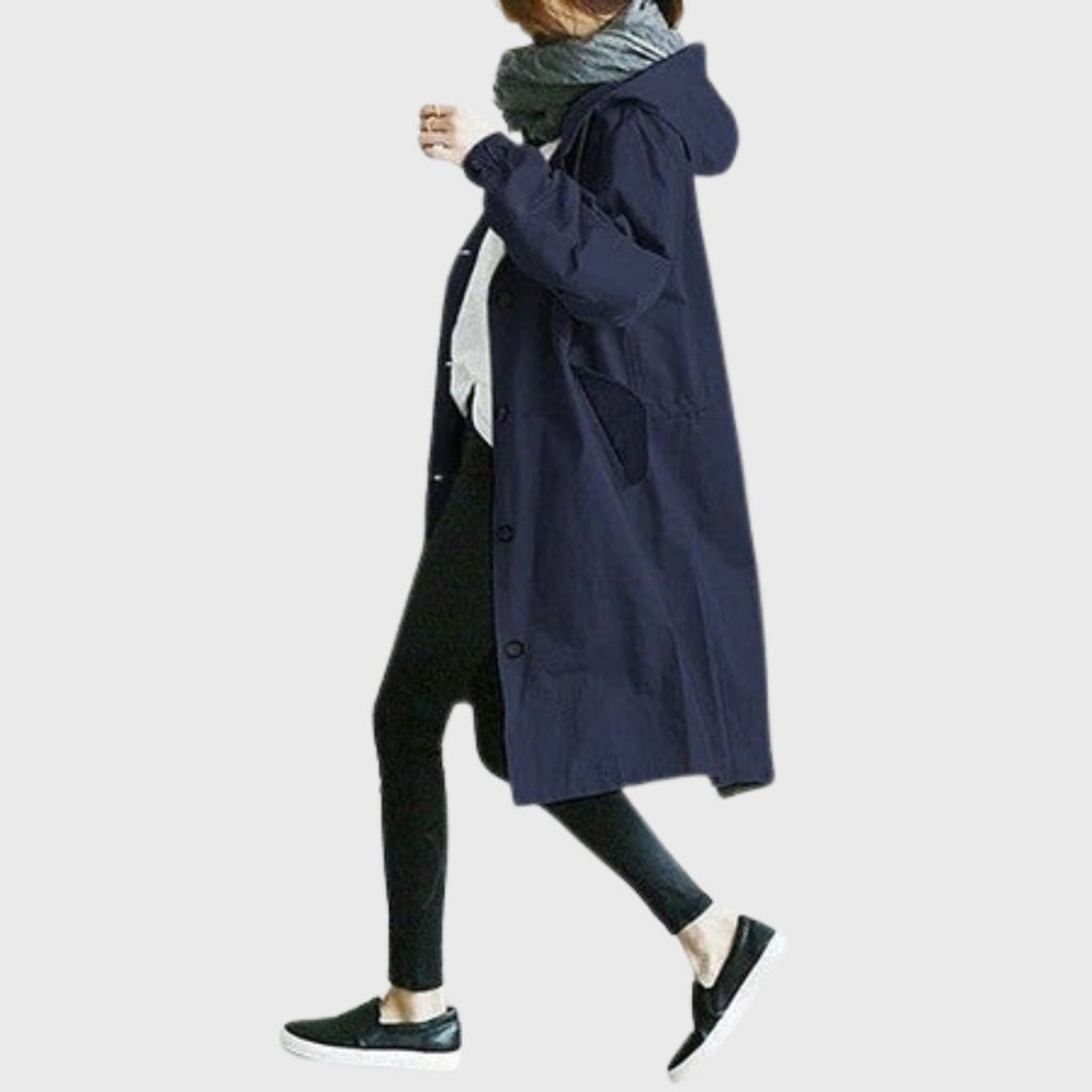 Women's Hooded Waterproof Relaxed-Fit Long Trench Coat - Blue