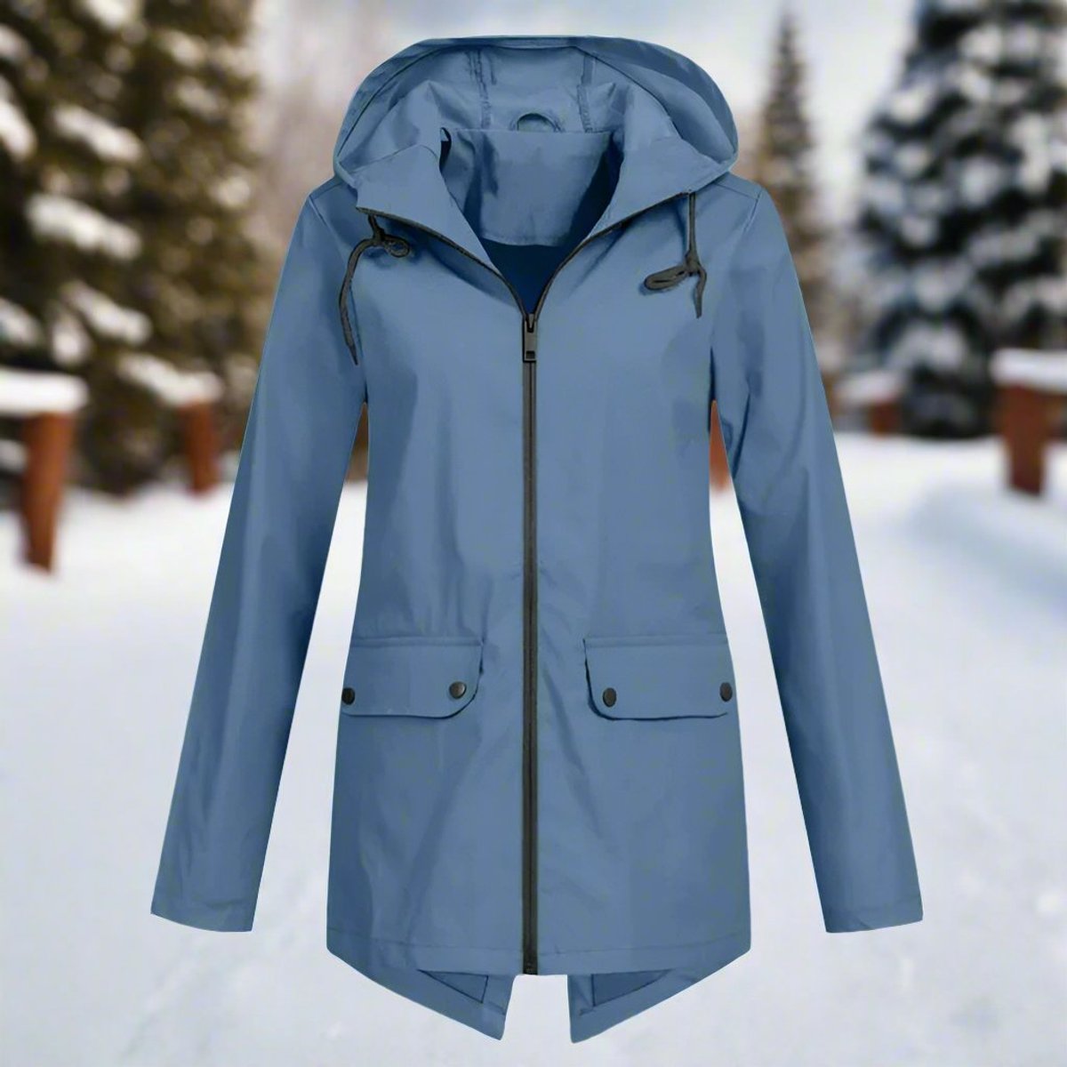 Women's Hooded Waterproof Zip-Up Rain Jacket with Pockets - Blue