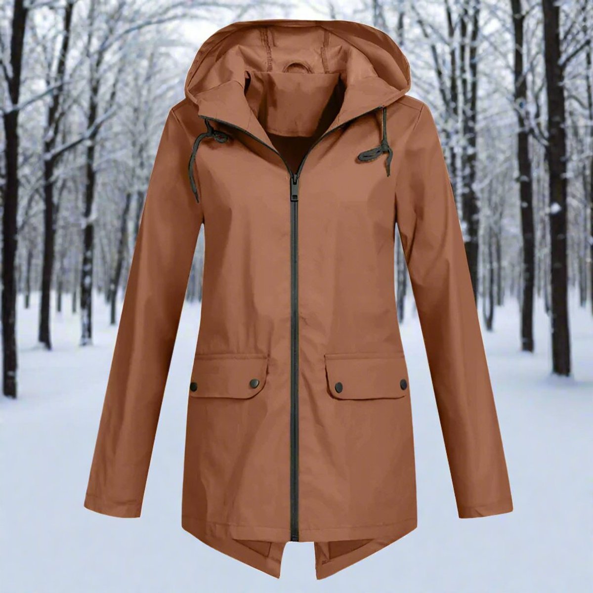 Women's Hooded Waterproof Zip-Up Rain Jacket with Pockets - Coffee
